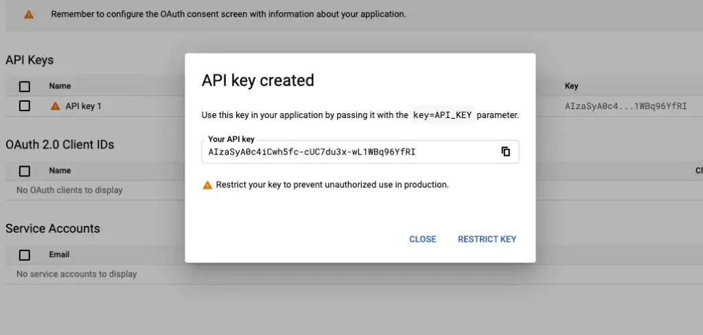 API key của bạn đã được tạo