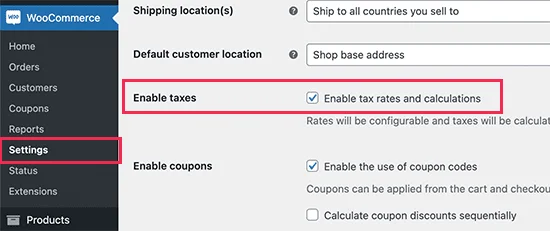 Bật thuế trong WooCommerce
