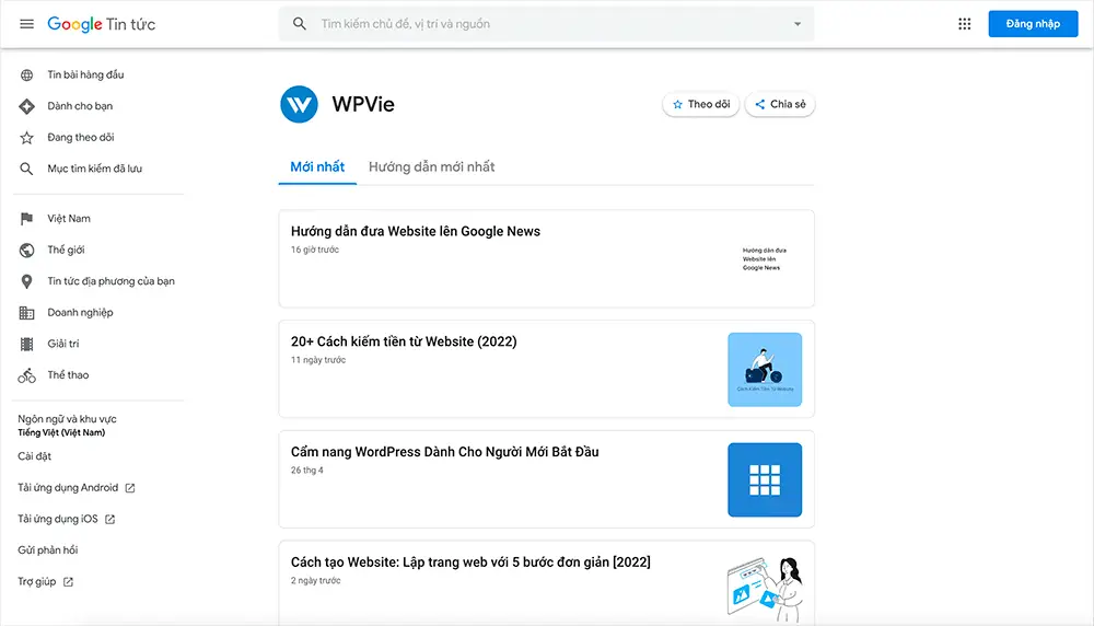 Giao diện Google Tin Tức của WPVie